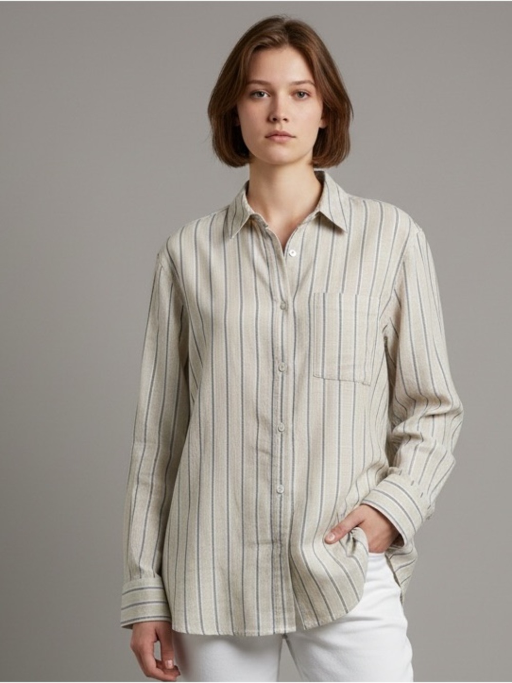 H&M Classic Linen Blend Stripe Button-Up Shirt Small